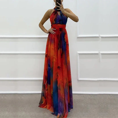 New Sexy Halter Hollow Out Women's Long Dress Casual High Waist Bohemian Dresses Vintage Pattern Printed Sleeveless Party Dress