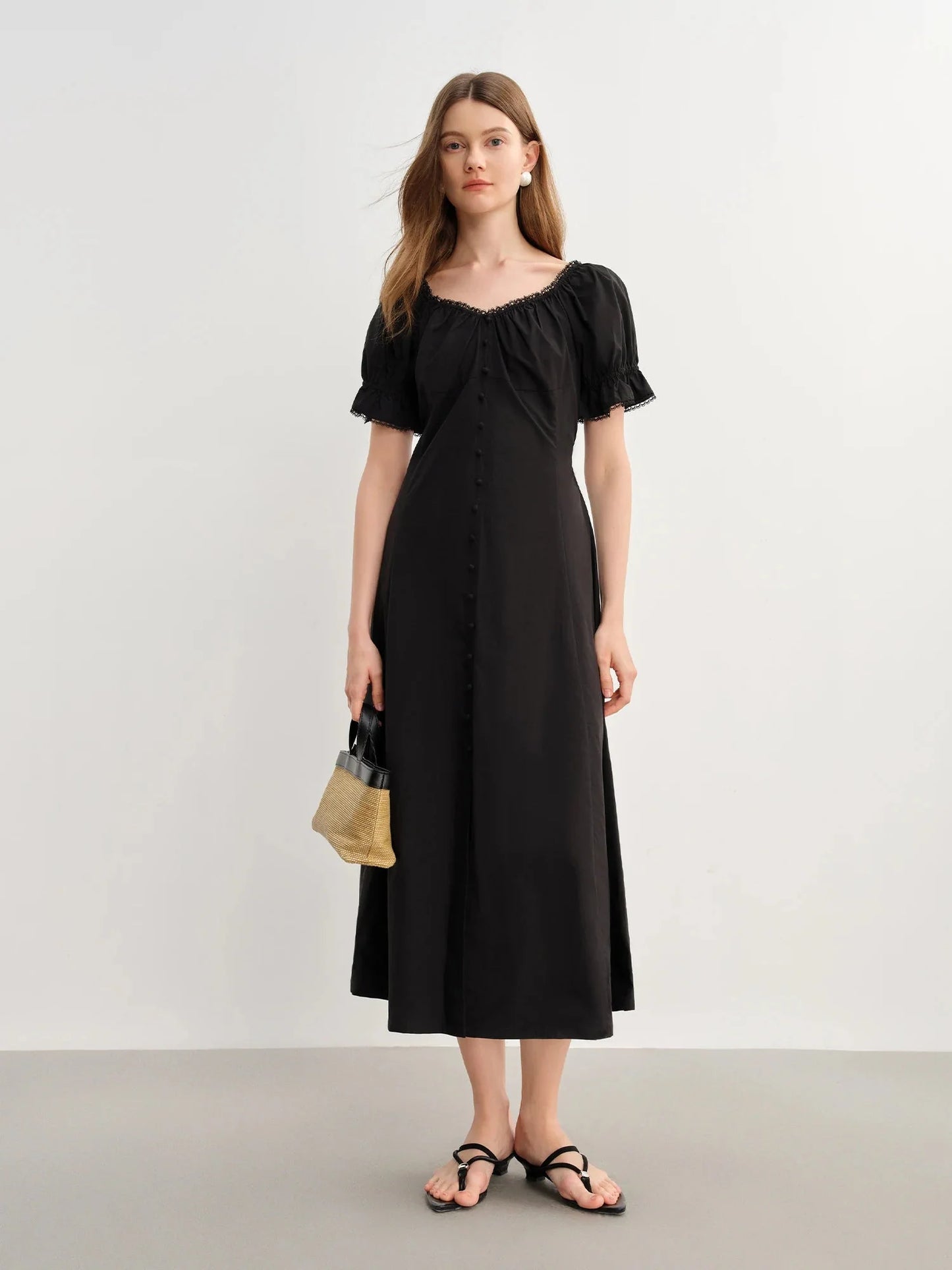 French Style Plus Size Lace Collar Dress Summer Puff Sleeve