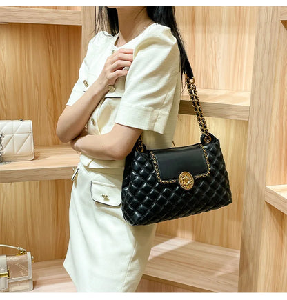 Luxury Genuine Leather Chain Shoulder Bag for Women | New Designer Large Capacity Underarm Handbag (Diamond Lattice)