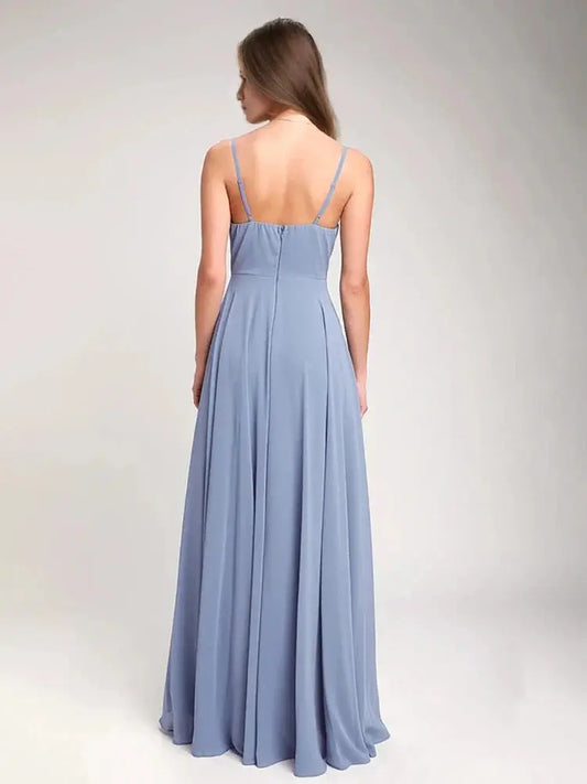 Deep V-Neck Blue Satin Floor-Length Prom Gown