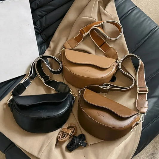 Women's Vintage Solid Color Flap Small Saddle Shoulder & Underarm Bag | Fashion PU Leather Wide Strap Crossbody Bag