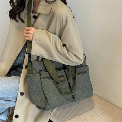 Female Large Capacity Corduroy Tote Bag | New Korean Style Fashion Women's Shoulder Crossbody Bag (Worker Commuter Handlebag)
