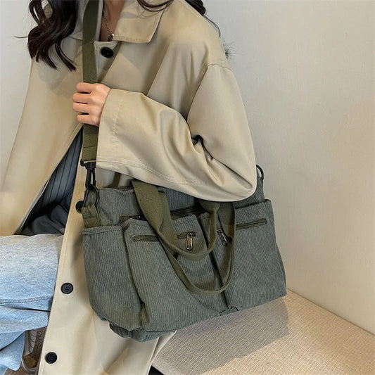 Female Large Capacity Corduroy Tote Bag | New Korean Style Fashion Women's Shoulder Crossbody Bag (Worker Commuter Handlebag)