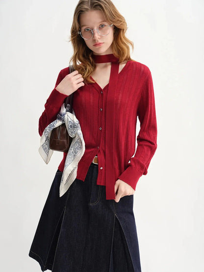 Detachable Bow & Lace Knit Cardigan
