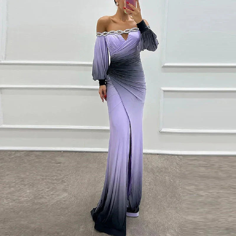 Fashion Patchwork High Waist Dress  Casual Contrasting Color Pleated Slim Long Dress New Off Shoulder Lantern Sleeve Party Dress
