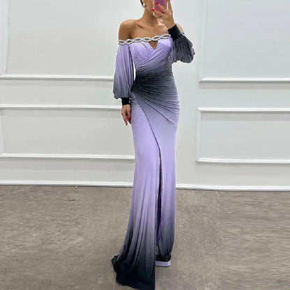 Fashion Patchwork High Waist Dress  Casual Contrasting Color Pleated Slim Long Dress New Off Shoulder Lantern Sleeve Party Dress