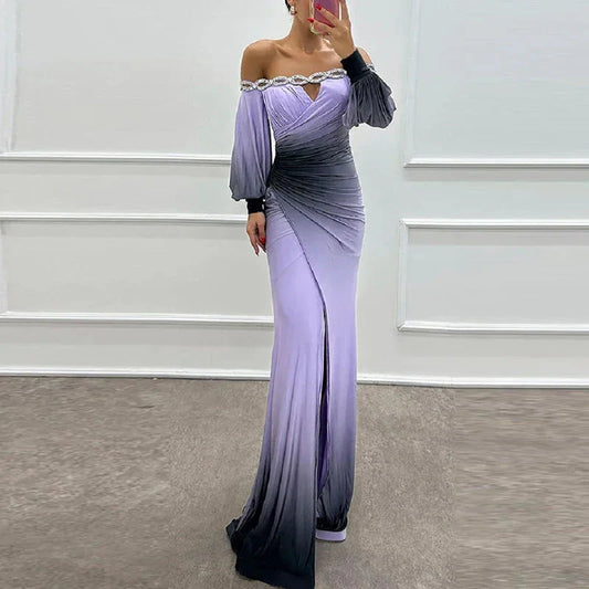 Fashion Patchwork High Waist Dress  Casual Contrasting Color Pleated Slim Long Dress New Off Shoulder Lantern Sleeve Party Dress