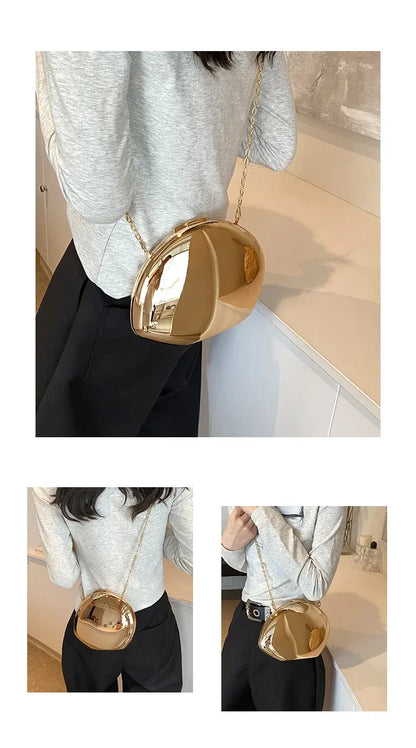 Designer Acrylic Shell Shape Clutch Bag | Gold Silver Women's Evening Party Bag (Cute Shiny Metal Shoulder & Crossbody Purse)