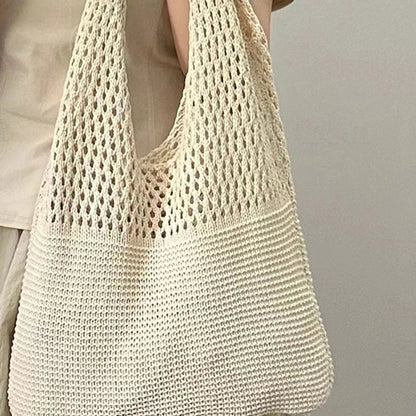 New Trend Women's Crochet Handbag | Retro Knitted Braid Solid Color Hollow Top-Handle Tote Bag (Black Khaki Shopper)
