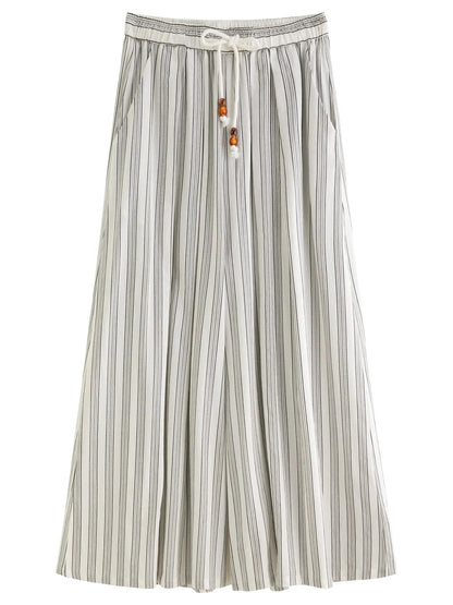 Cotton-Linen Wide Leg Pants Striped Resort Wear