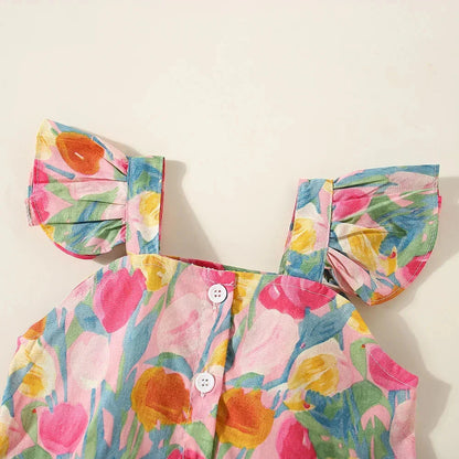 (0-3 Years Old) Summer Baby Girl Flower Small Flying Sleeve Top And Shorts Set Cute Beach Set For Girls