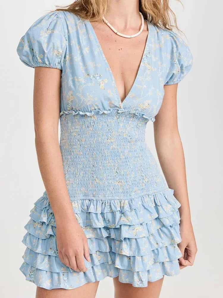 GypsyLady Floral Printed Chic Boho Mini Dresss Cotton V-neck Ruffles Blue Holiday Women Tiered Ladies Party Dresses Vestidos New