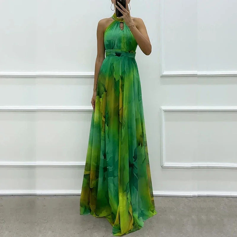 New Sexy Halter Hollow Out Women's Long Dress Casual High Waist Bohemian Dresses Vintage Pattern Printed Sleeveless Party Dress