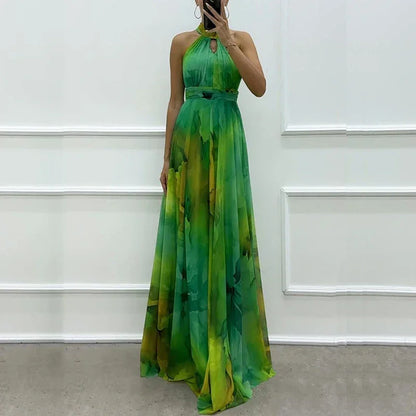 New Sexy Halter Hollow Out Women's Long Dress Casual High Waist Bohemian Dresses Vintage Pattern Printed Sleeveless Party Dress