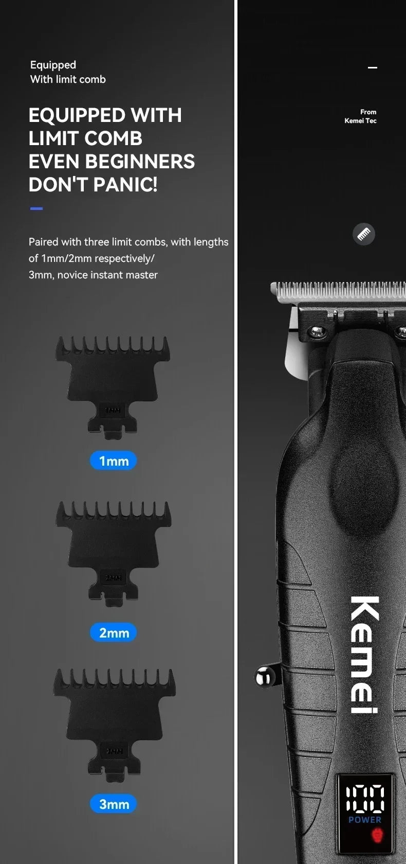 Kemei Professional Hair Clipper – LCD Display, Cordless Electric Trimmer