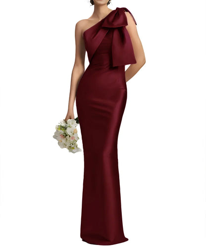 Satin Single Shoulder With Bow Bridal Formal Dress