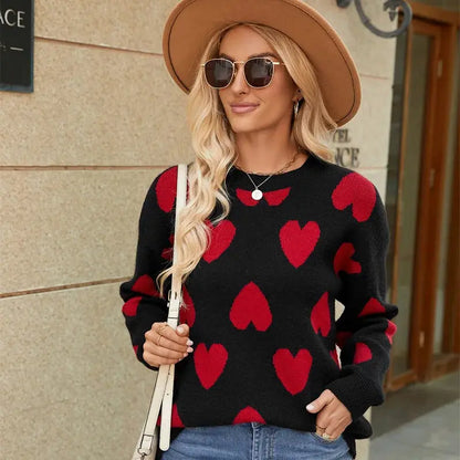 Mix Color Heart Knitted Jumper: Long Sleeve O-Neck Sweater for Women