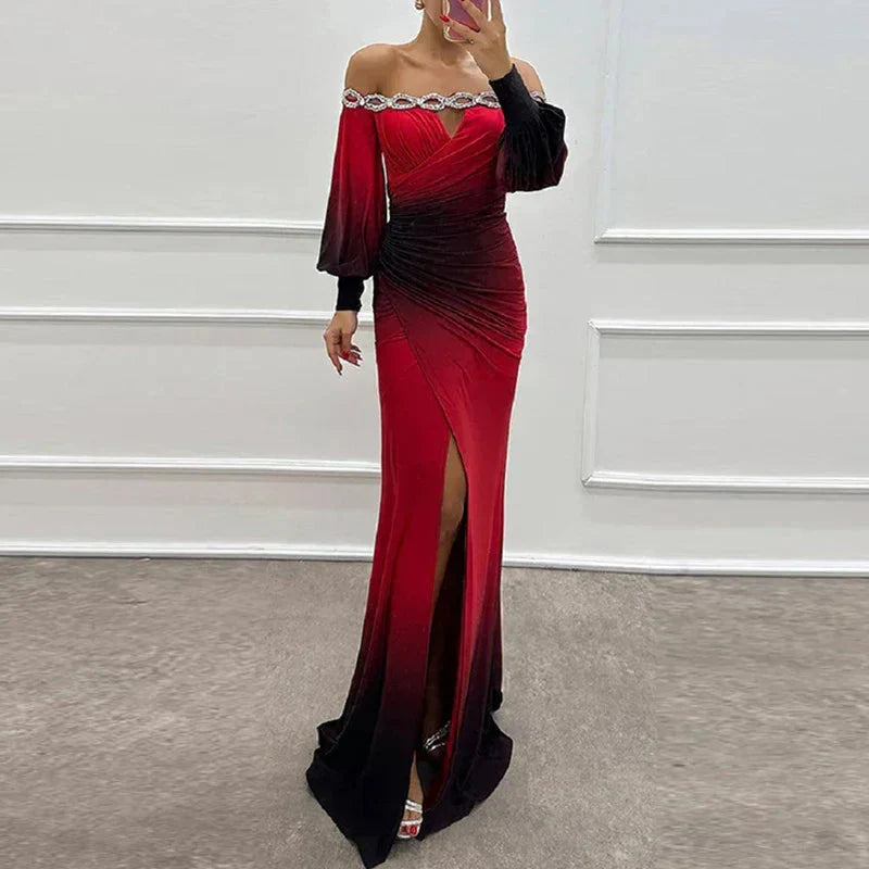 Fashion Patchwork High Waist Dress  Casual Contrasting Color Pleated Slim Long Dress New Off Shoulder Lantern Sleeve Party Dress