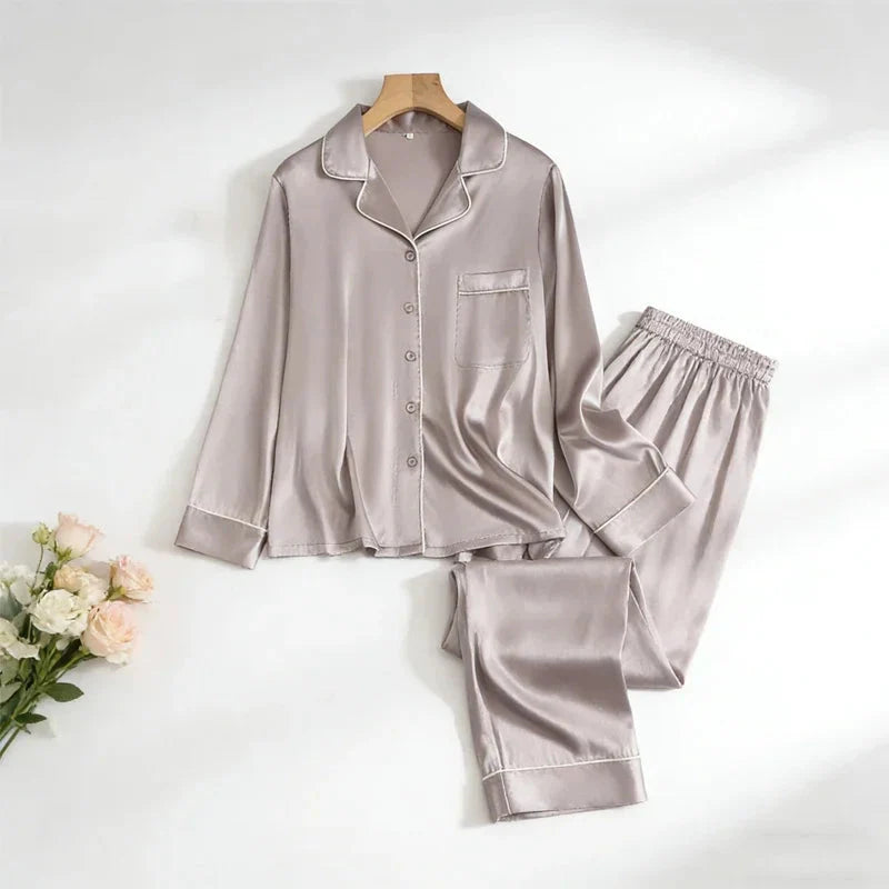Mulberry Silk Pajama Set Plain Satin Long Pants