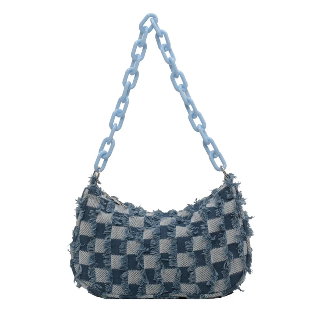 Vintage Women's Casual Shoulder & Underarm Bag | Plaid Pattern Denim Small Purse (Ladies Chain Leisure Handbag, Hobo Style)