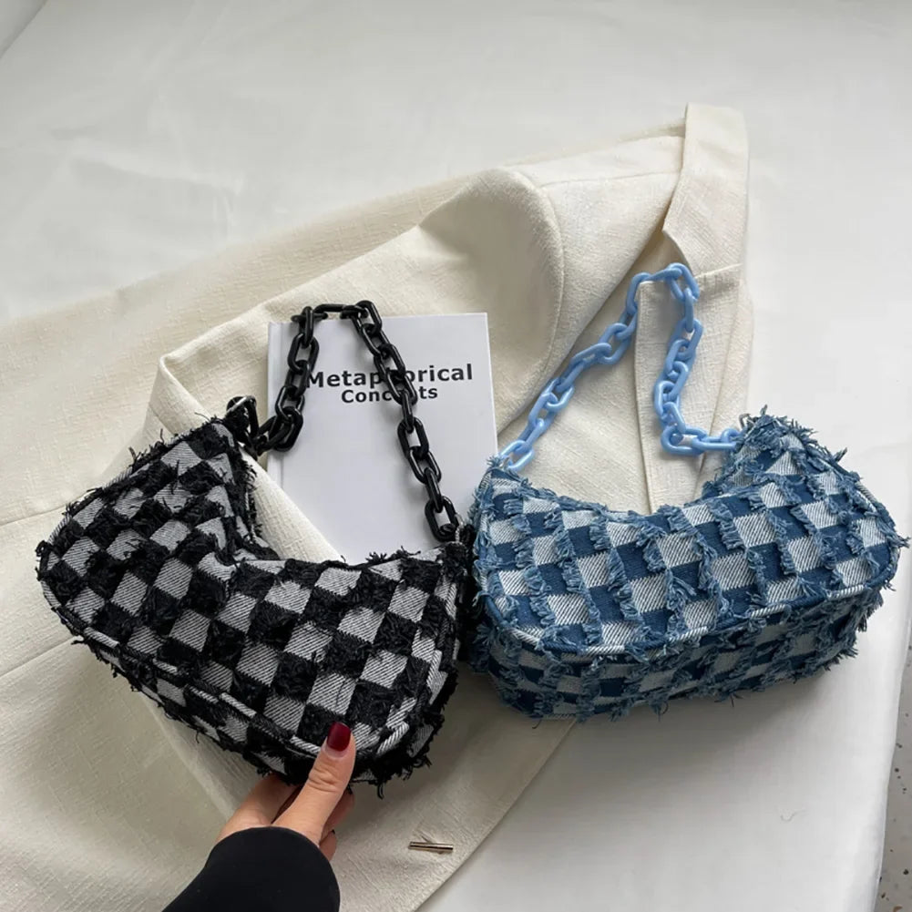 Vintage Women's Casual Shoulder & Underarm Bag | Plaid Pattern Denim Small Purse (Ladies Chain Leisure Handbag, Hobo Style)