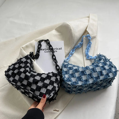 Vintage Women's Casual Shoulder & Underarm Bag | Plaid Pattern Denim Small Purse (Ladies Chain Leisure Handbag, Hobo Style)