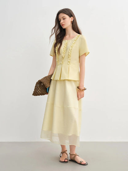 Plus Size Slimming Pleated Shirt Youthful Round Neck