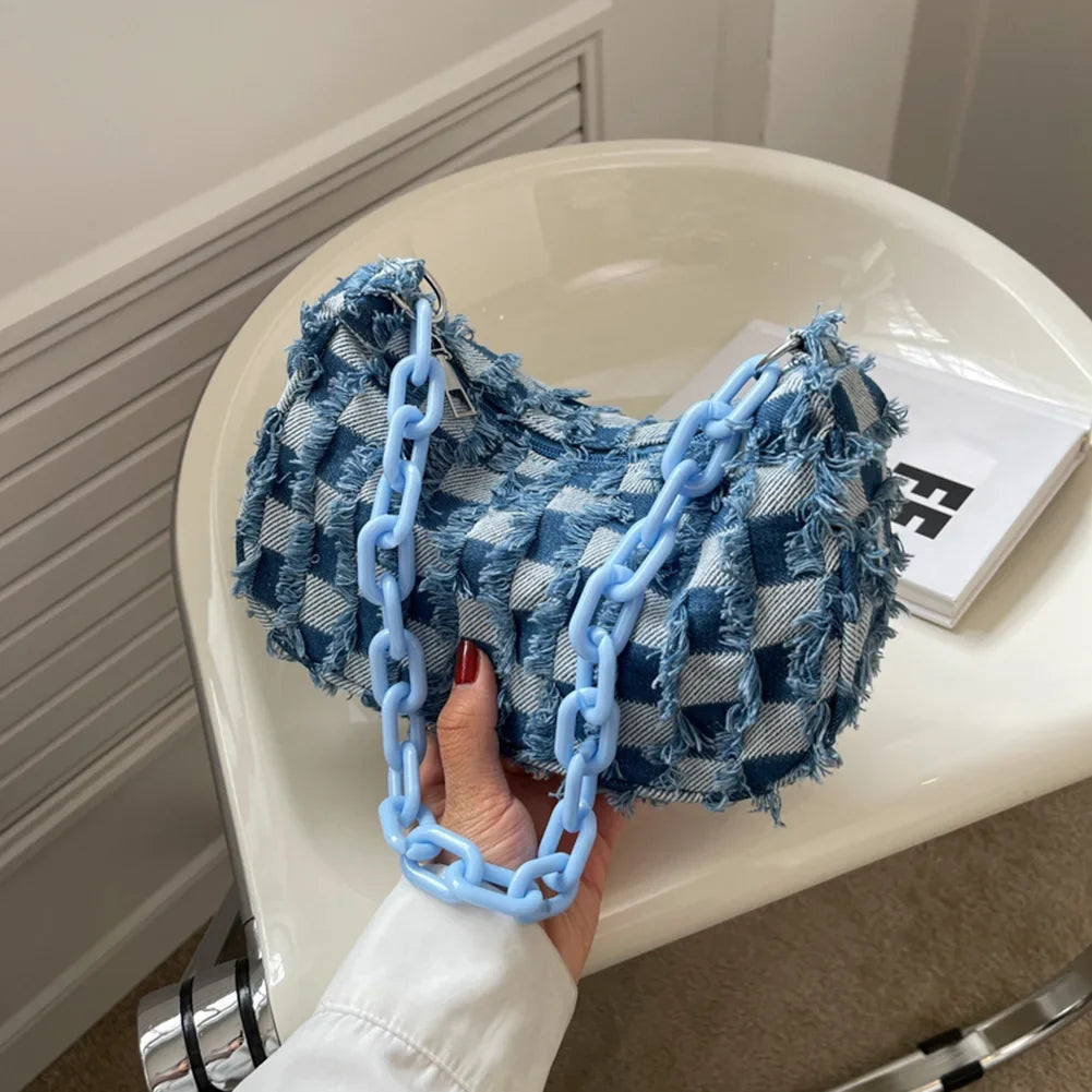 Vintage Women's Casual Shoulder & Underarm Bag | Plaid Pattern Denim Small Purse (Ladies Chain Leisure Handbag, Hobo Style)
