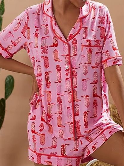Y2k Bow Boots Print Satin Pajamas Short Set For Valentine's Day Satin Silk Pjs Sleepwear Loungewear Lounge Set for Women