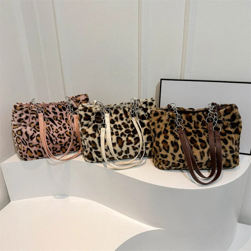 National Style Simple Women's Leopard Tote Bag | Lady Luxury Fluffy Shoulder Bag & Chain Large Capacity Commuter Handle Bag