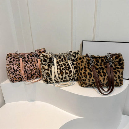 National Style Simple Women's Leopard Tote Bag | Lady Luxury Fluffy Shoulder Bag & Chain Large Capacity Commuter Handle Bag