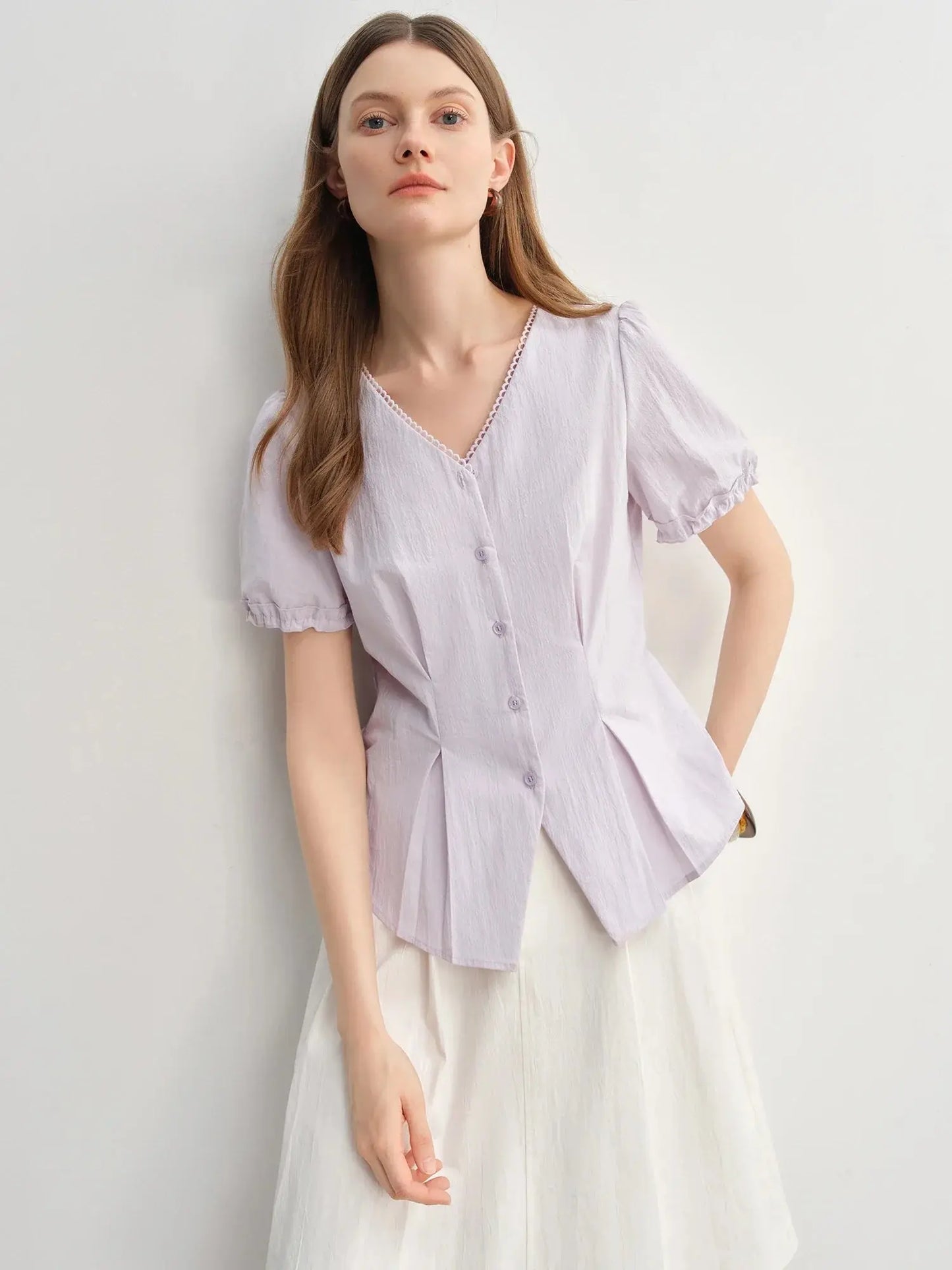 Summer V-Neck Top with Textured Pleats