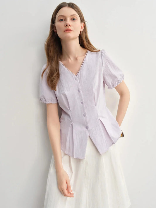 Summer V-Neck Top with Textured Pleats