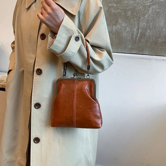 Elegant Kiss Lock Shoulder Bag | Large Capacity Retro Chinese Style Crossbody Bag & PU Leather Solid Color Vintage Women's Handbag