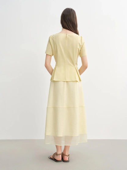 Plus Size Slimming Pleated Shirt Youthful Round Neck