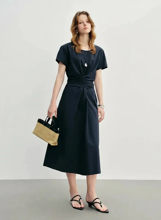 Women's Pleated Tie-Waist Midi Dress