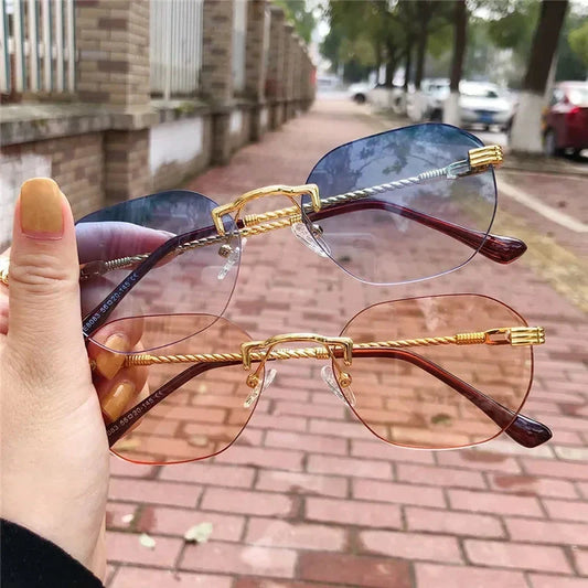 Frameless Gold Metal Ladies Sunglasses Rimless Gradient Lens Blue Fashion Sun Glasses For Men Uv400 Summer 2023