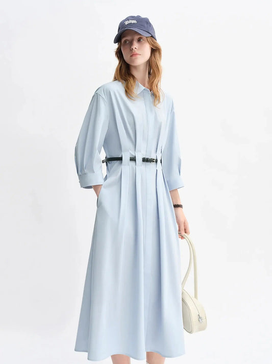 Autumn Vertical Stripe Pleated Shirt Dress with Belt