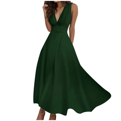 V-Neck Sundress - Sleeveless Long Dress with Side Zipper