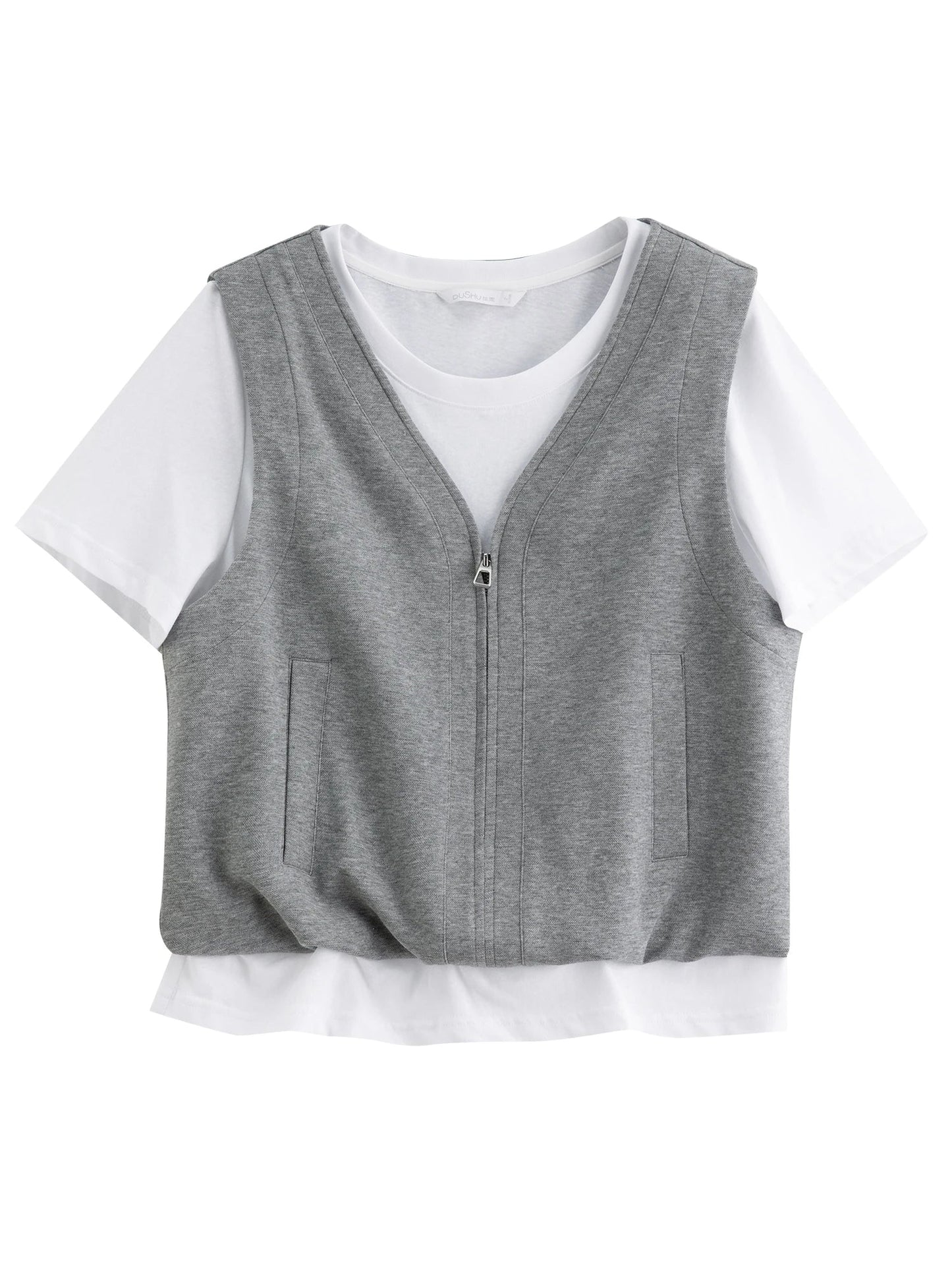 Gray Mock Two-Piece Skirt Suit Casual Short-Sleeve Set