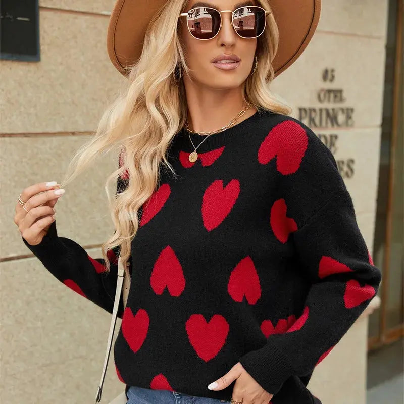 Mix Color Heart Knitted Jumper: Long Sleeve O-Neck Sweater for Women