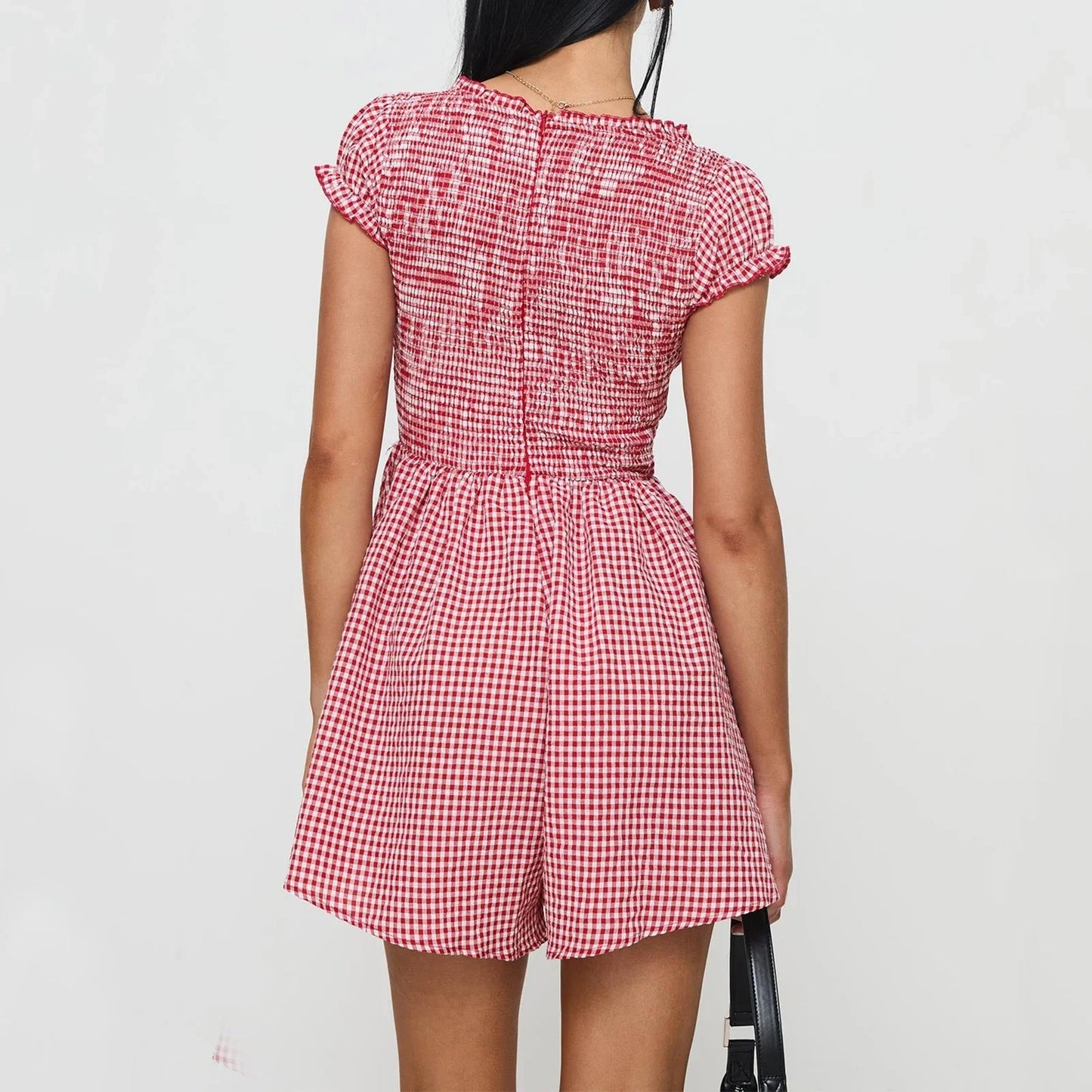 Summer Plaid Rompers Mini Dress for Women Fashion Short Sleeve Sexy Deep V Neck Smocked Waist Slim Plaid Playsuit Jumpsuits