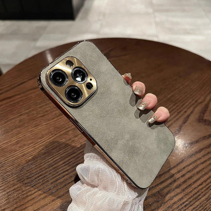 Sheepskin Phone Case For iPhone 15 11 13 12 14 16 Pro Max Plus Plating Bumper Turn Fur Lambskin Leather Metal Lens Phone Cover