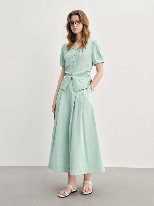 Pleated Short-Sleeve Shirt + Slim Skirt for Summer.