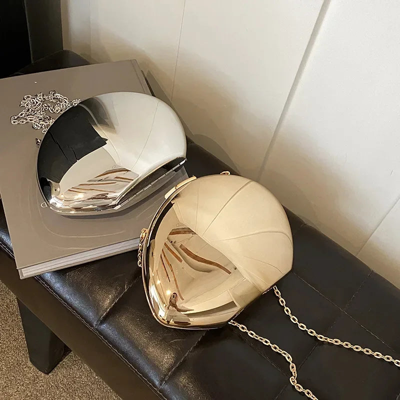Designer Acrylic Shell Shape Clutch Bag | Gold Silver Women's Evening Party Bag (Cute Shiny Metal Shoulder & Crossbody Purse)