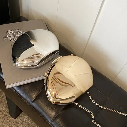 Designer Acrylic Shell Shape Clutch Bag | Gold Silver Women's Evening Party Bag (Cute Shiny Metal Shoulder & Crossbody Purse)