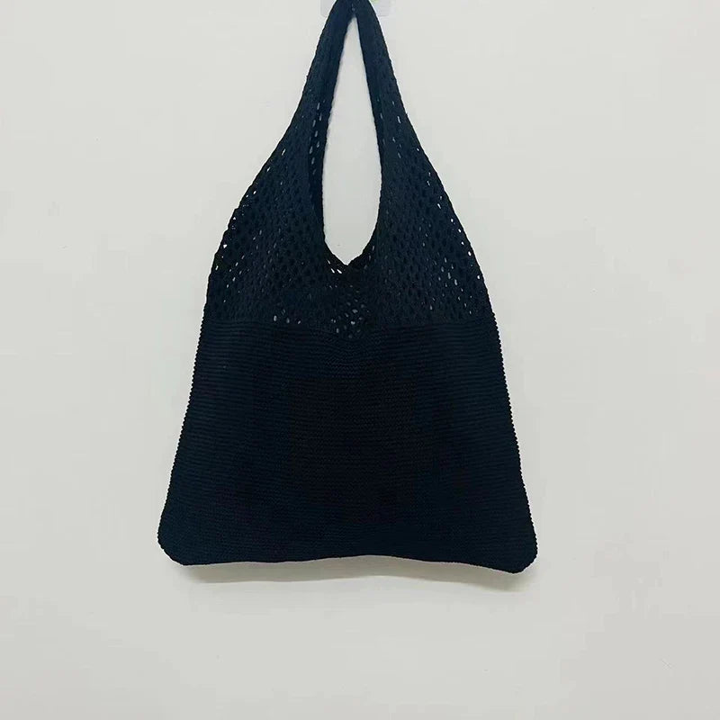 New Trend Women's Crochet Handbag | Retro Knitted Braid Solid Color Hollow Top-Handle Tote Bag (Black Khaki Shopper)