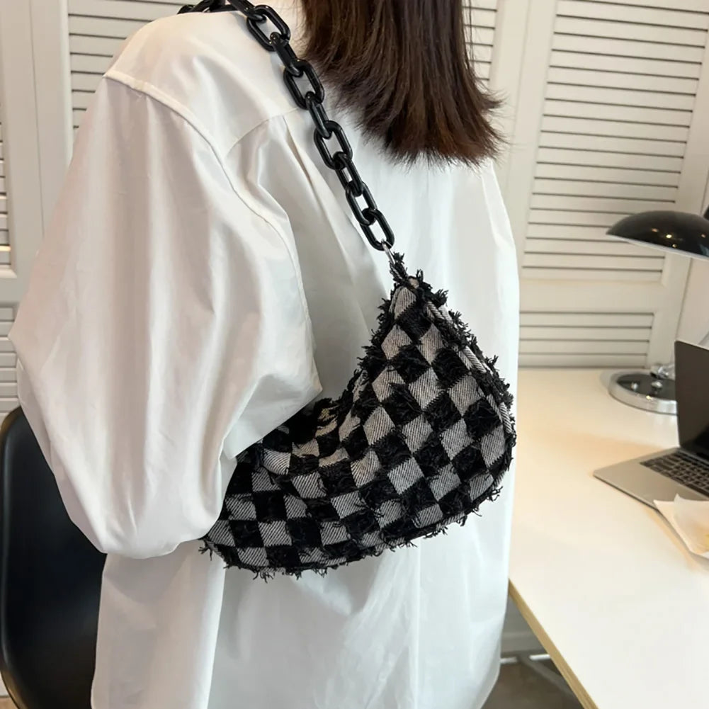 Vintage Women's Casual Shoulder & Underarm Bag | Plaid Pattern Denim Small Purse (Ladies Chain Leisure Handbag, Hobo Style)