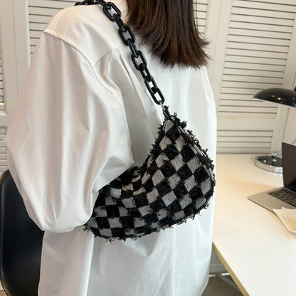 Vintage Women's Casual Shoulder & Underarm Bag | Plaid Pattern Denim Small Purse (Ladies Chain Leisure Handbag, Hobo Style)