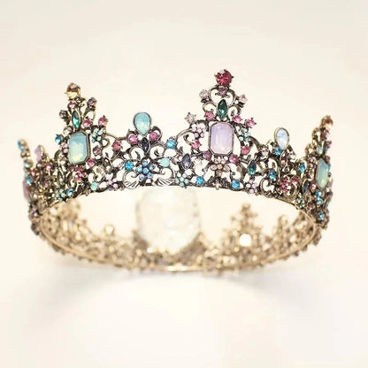 Round Colorful Crystal Rhinestone Wedding Queen Crown Headwear Retro Bridal Crown Color Headwear Crown Party Dress Hair Accessor